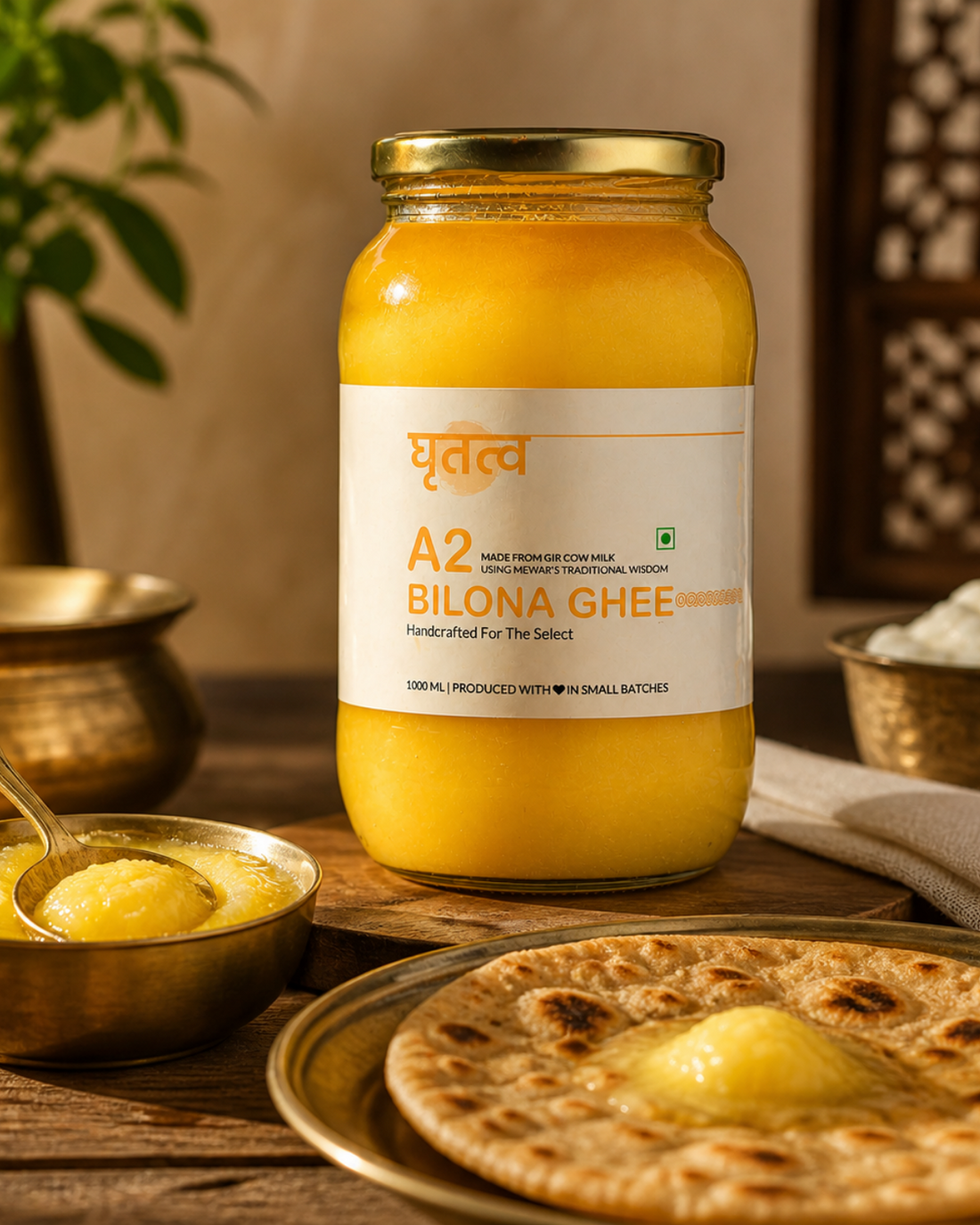Grameya A2 Bilona Ghee 1000ml jar served with paratha
