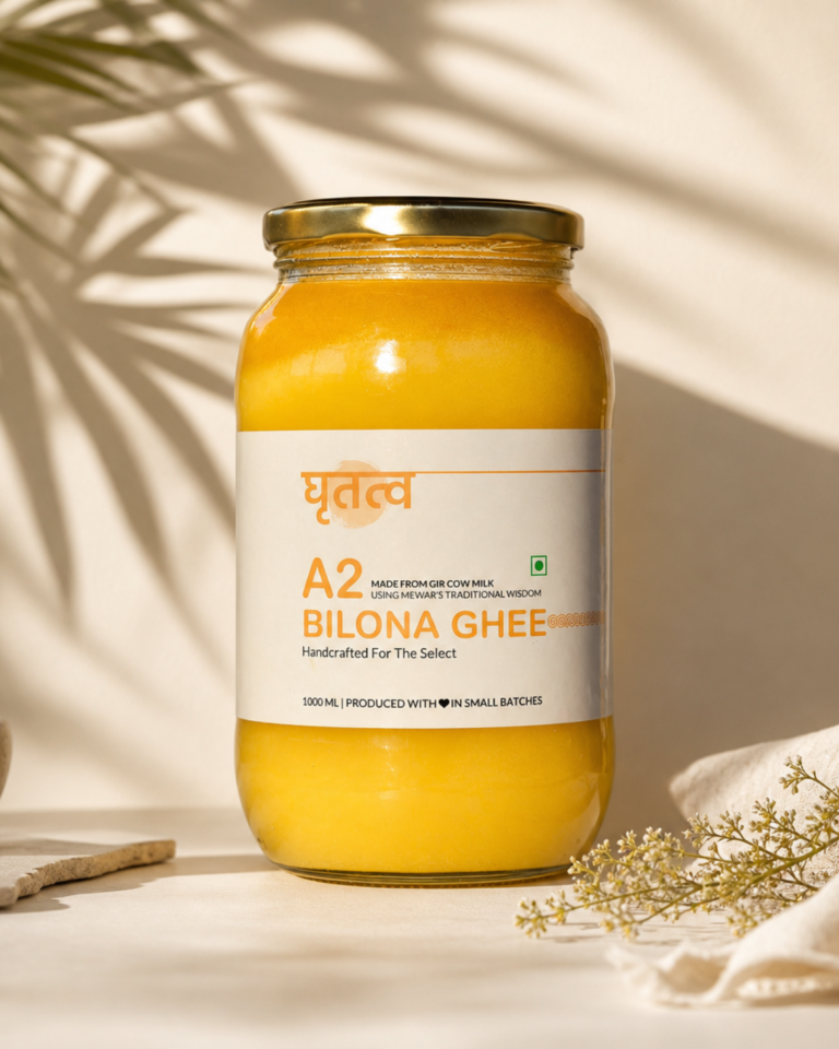 Grameya A2 Bilona Ghee 1000ml product jar on beige background
